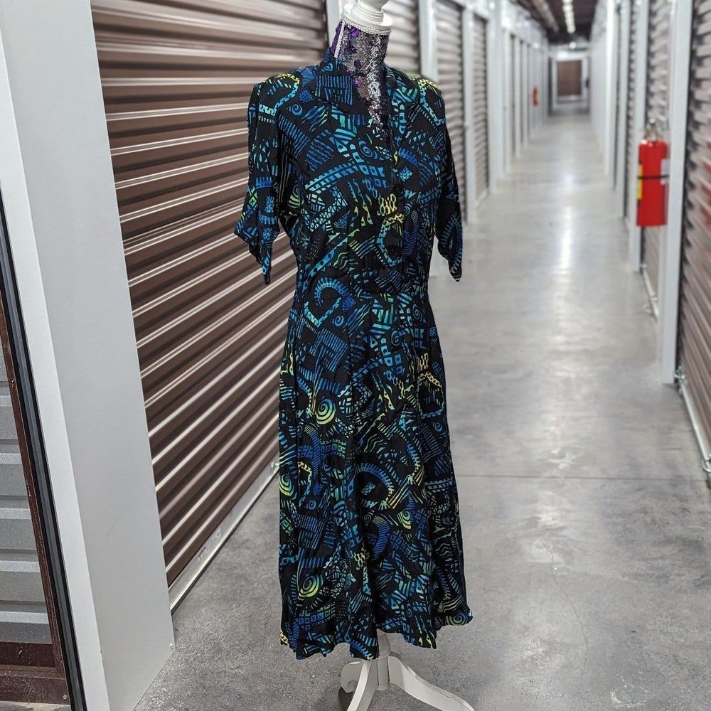 Vintage Scarlett Blue Multicolor‎ Print Collared Midi Shirt Sleeve Dress